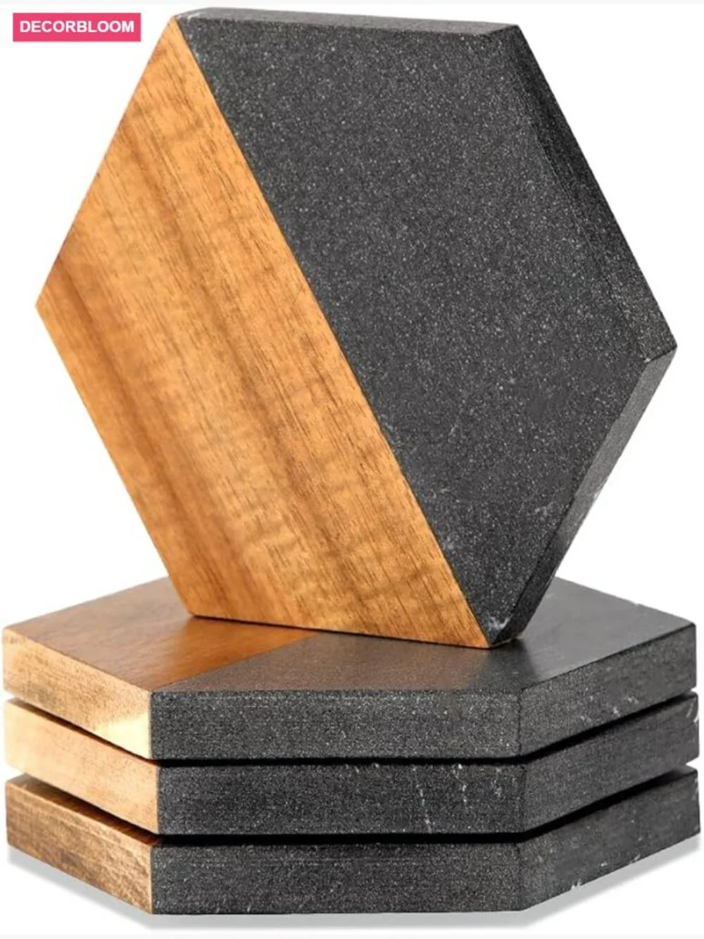 Set of 4 Hexagon Acacia Wood and Marble Coasters for Drinks, Modern Rustic Bar
